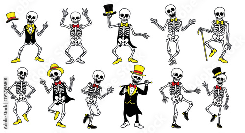 Dancing Skeletons Collection: Festive Halloween Characters in Top Hats and Bow Ties