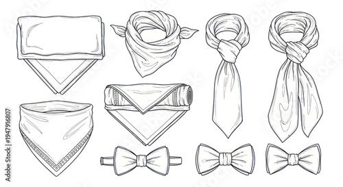Hand-drawn collection of neckwear and accessories: bandanas, bow ties, scarves