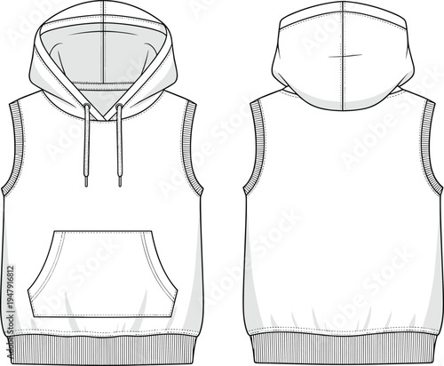 Sleeveless hoodie flat sketch, technical fashion illustration, front and back view, kangaroo pocket, drawstring hood, ribbed bands, apparel design vector