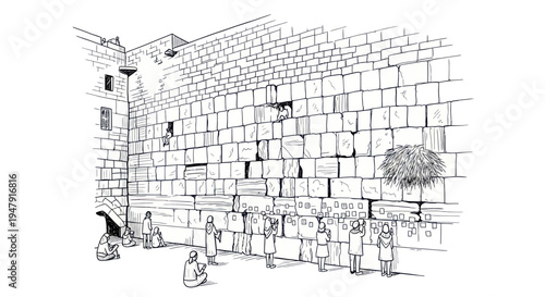 Jerusalem Western Wall illustration: ancient stones, prayer, religious site, people praying