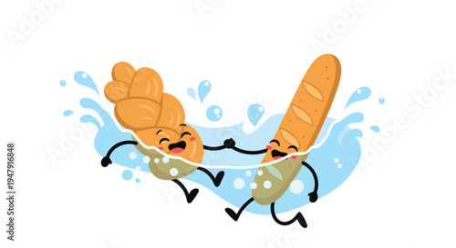 Joyful bread characters represented as a baguette and braided loaf playing happily in a pool of splashing blue water.