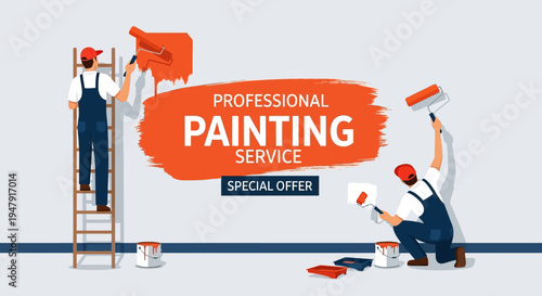 Professional Painting Service Banner with Male Painters, Roller, and Ladder - Home Renovation and House Improvement Vector Illustration Advertisement