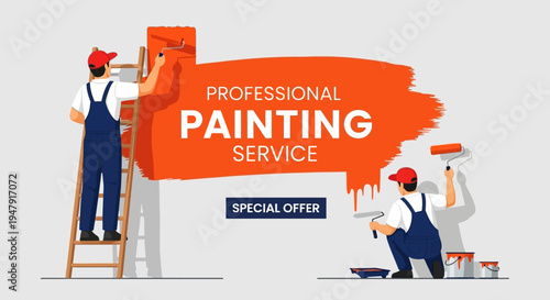 Professional Painting Service Banner with House Painters Working on Ladder and Wall, Home Renovation Vector Illustration