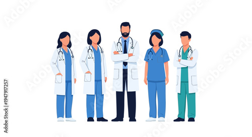 Diverse Team of Medical Professionals, Doctors and Nurses in Uniform Standing Together - Flat Vector Illustration isolated on White Background