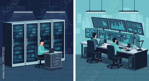 Data Center Infrastructure and Network Operations Center Illustration with IT Technicians Managing Servers and Monitoring Digital Analytics Dashboards