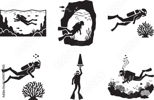 Scuba divers swimming underwater with ocean plants and coral reefs