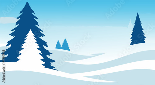 Winter wonderland illustration with snow-covered trees and hills, vector art for festive designs and seasonal promotions