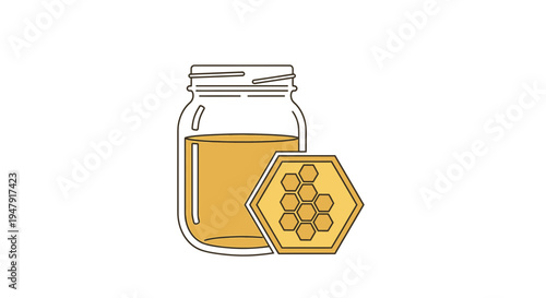 Glass jar with honey and honeycomb.