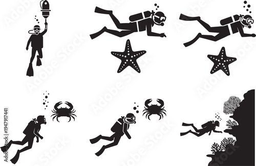 Scuba divers swimming underwater with sea creatures and coral reef silhouettes