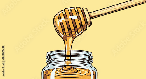 Golden honey dripping from wooden spoon.