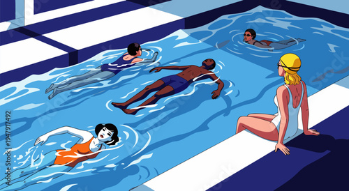 A vector illustration of people enjoying a refreshing swim in an outdoor pool on a sunny day