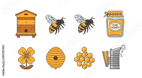 Honey bees and beekeeping equipment icons.