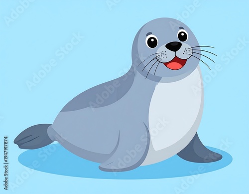Cartoon depiction of a smiling gray harbor seal on a light blue background. The seal has big black eyes and a red open mouth