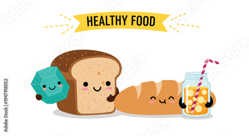 Selection of friendly baked goods characters including sliced bread a baguette and a glass of refreshing fruit juice.