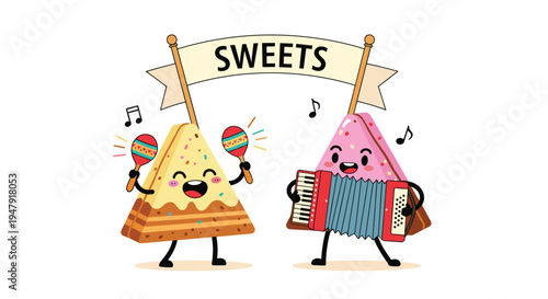Pair of happy sandwich characters playing musical instruments like maracas and an accordion under a sweets banner.