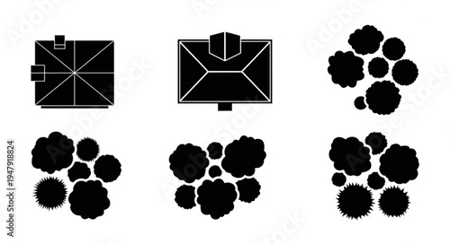 Overhead View of Buildings and Trees in Black and White.