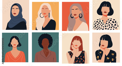 Large set of diverse female avatars depicting women of various ethnicities and styles in a modern flat design format.