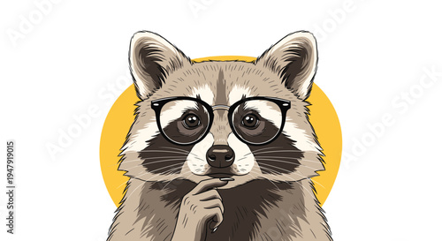 Thoughtful raccoon character wearing black rimmed glasses and resting its hand on its chin against a yellow circle.