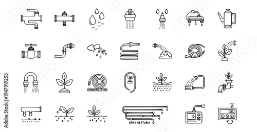 Drip Irrigation Icon Set Flat Style Collection with Agricultural Watering System Symbols