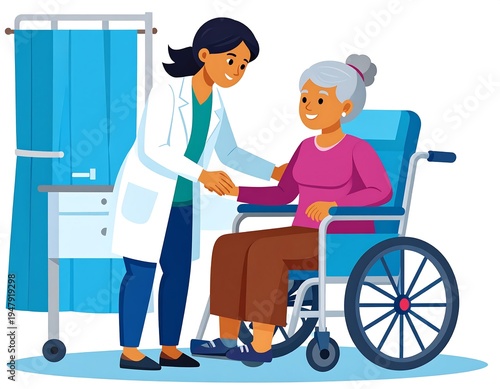 Cartoon illustration depicts a female healthcare professional assisting an elderly woman in a wheelchair, indoors