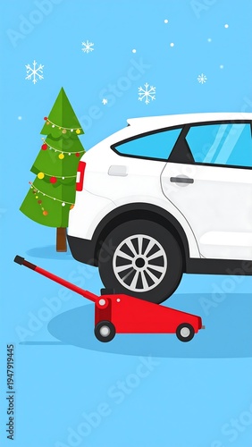Cartoon illustration featuring a white automobile jacked up, a decorated Christmas tree, and falling snowflakes against a blue backdrop