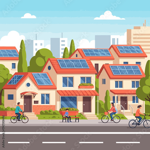 Solar panels on residential rooftops with cyclists promoting green energy