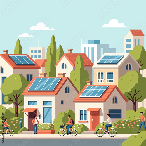Solar panels on rooftops of homes with people cycling