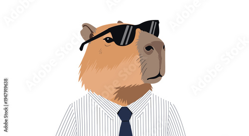 Stylish capybara character wearing a formal white shirt with a navy tie and cool black sunglasses for a unique look.