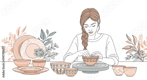 Skilled woman artisan with a long braid carefully working on a pottery wheel surrounded by beautiful ceramic dishes.