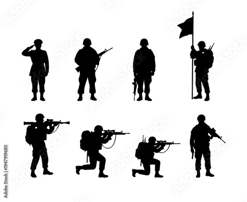 Military Soldiers Silhouettes Set: Standing Saluting Holding Rifle Flag and Crouching Poses