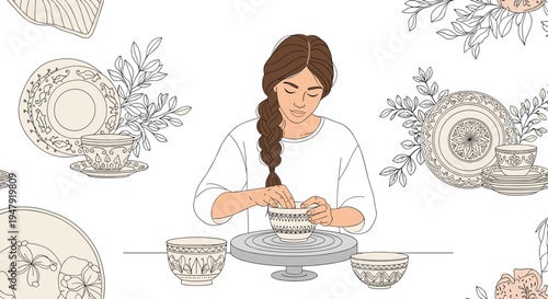 Artistic woman with a long braid focusing on shaping a clay bowl on a pottery wheel with decorative floral patterns.