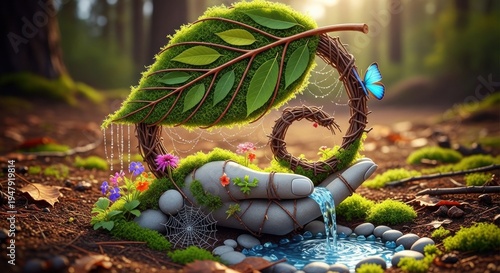A whimsical, nature-inspired sculpture with a large, green leaf and a small, blue butterfly, set against a forest backdrop with moss and rocks.