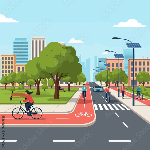People cycling in city park with bike lane and green spaces