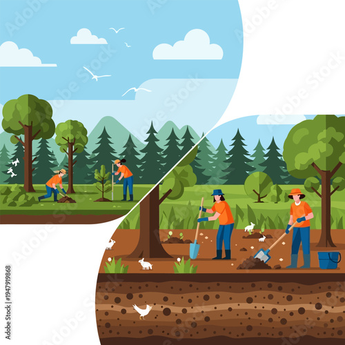 People planting trees and gardening with nature and environmentalism