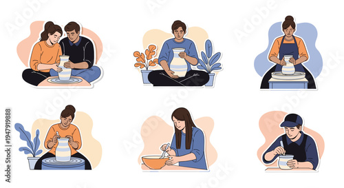 Diverse collection of sticker illustrations showing people engaged in pottery making and culinary tasks like mixing.