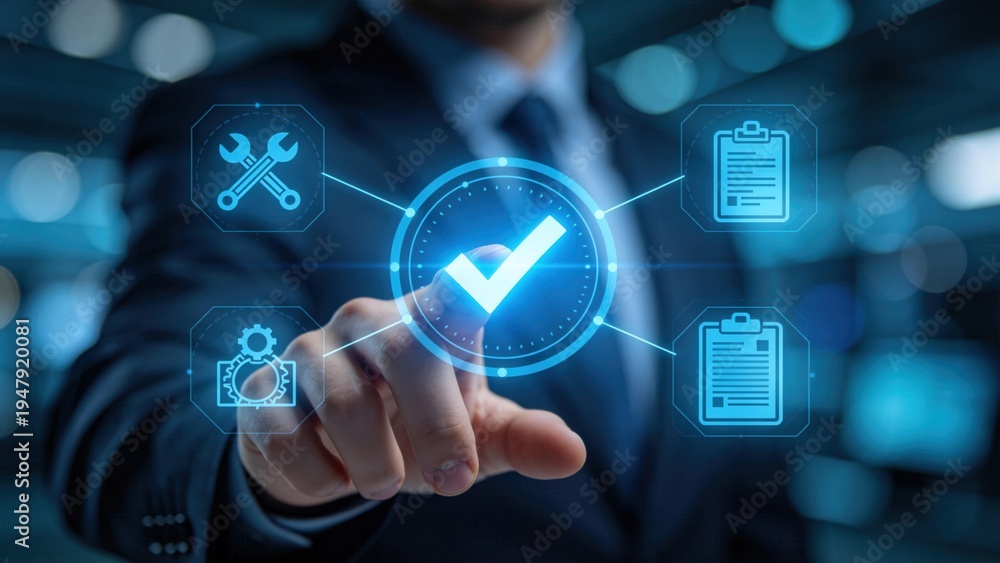 Naklejka premium Businessman pressing virtual checkmark button,quality assurance and project approval concept with digital interface icons for workflow management and corporate control