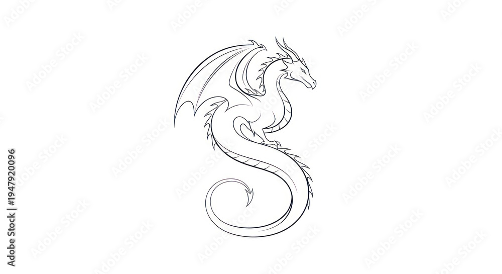 Fototapeta premium A detailed line drawing of a dragon with a flowing tail, set against a plain background.