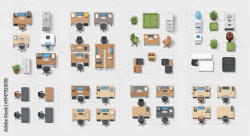 Overhead View of Office Furniture and Layout Options.