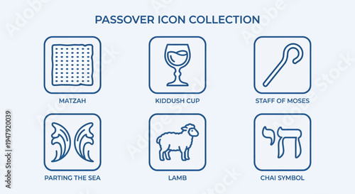 A collection of six icons representing Passover symbols, including matzah, kiddush cup, staff of Moses, parting the sea, lamb, and chi symbol on a light blue background.