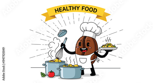 Enthusiastic coffee bean chef character wearing a white hat and apron while cooking delicious meals in large pots.