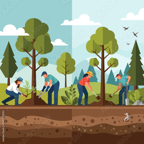 People planting trees in a forest to support nature and environment