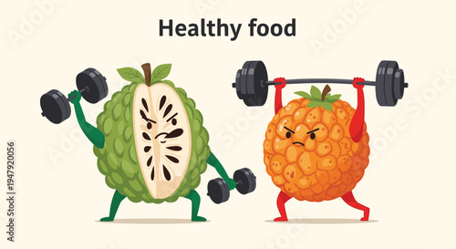Strong sugar apple and orange characters working out with heavy dumbbells and barbells under a healthy food title.