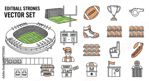Editball Strokes Vector Set - Stadium, Football, Trophy, and More.