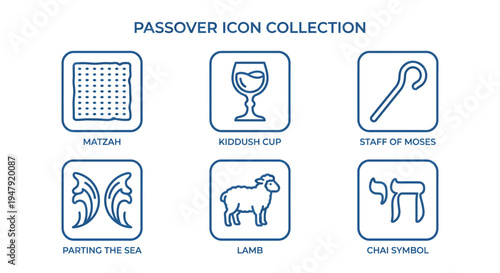 A collection of six blue icons depicting Passover symbols including matzah, a lamb, and staff of Moses on a white background.
