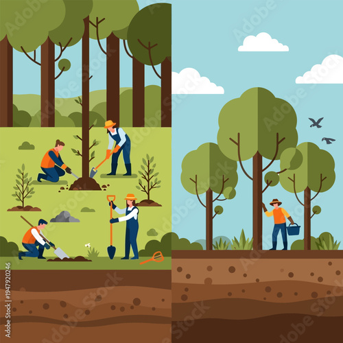Workers planting trees in the forest, conservation concept