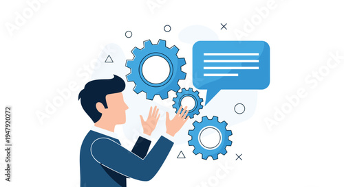 Professional man in a suit interacting with blue gear wheels and a speech bubble to represent teamwork or process.