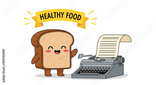 Cute whole grain bread character standing happily next to a vintage manual typewriter under a healthy food banner.
