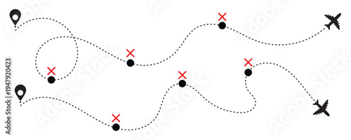 Airplane routes set. Flight path designs illustrating airplane tracking routes with dynamic dotted lines. Flight route from a waypoint with an airplane silhouette. vector illustration
