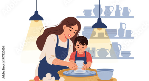 Mother and her young son bonding while learning to make a ceramic pot together on a pottery wheel in an art studio.