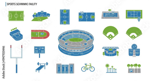 Collection of sports fields and equipment icons representing various athletic venues and gear.